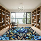 Dark Blue Floral Scrollwork Arrangement Rug