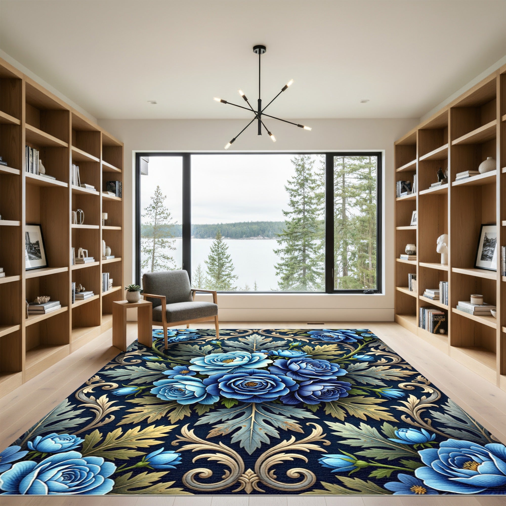 Dark Blue Floral Scrollwork Arrangement Rug