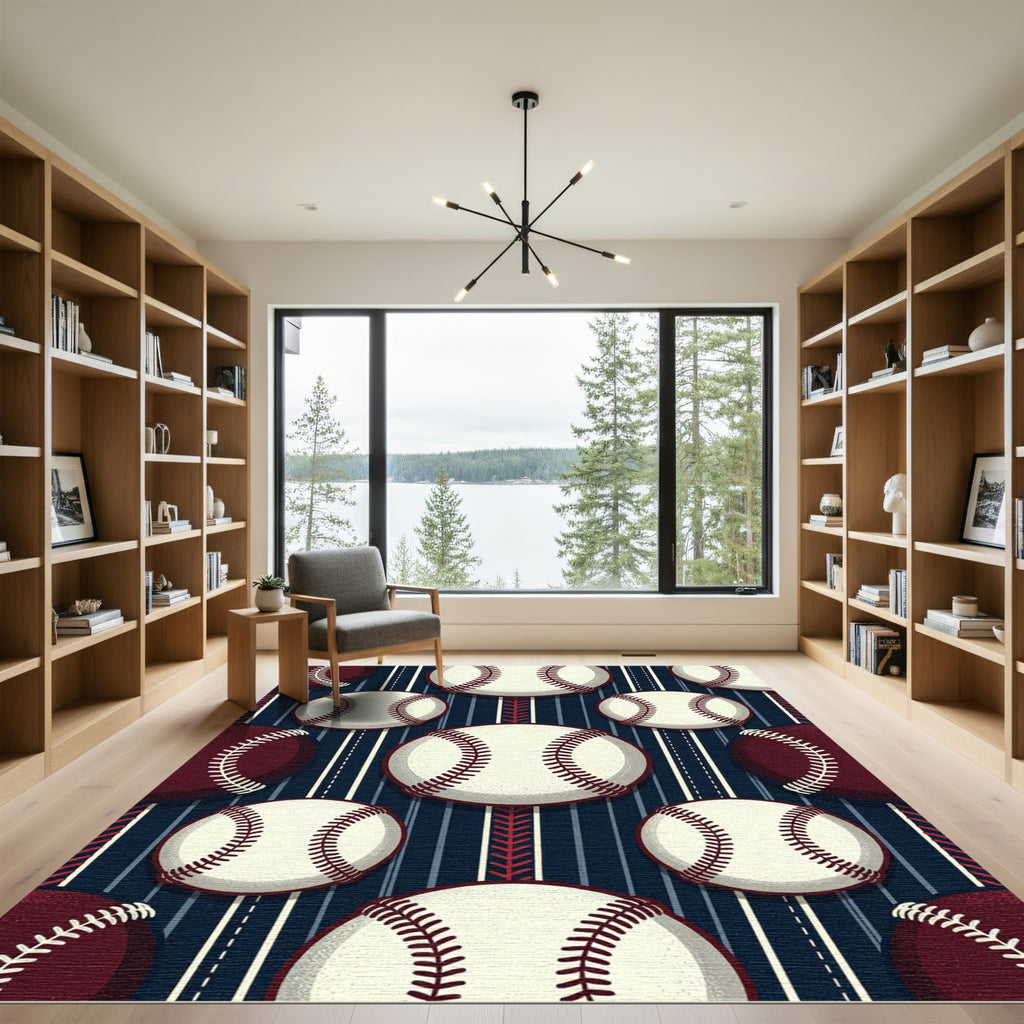 Classic Baseball Striped Navy Dark Red Rug
