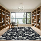 Monochrome Black White Lily Floral Rug