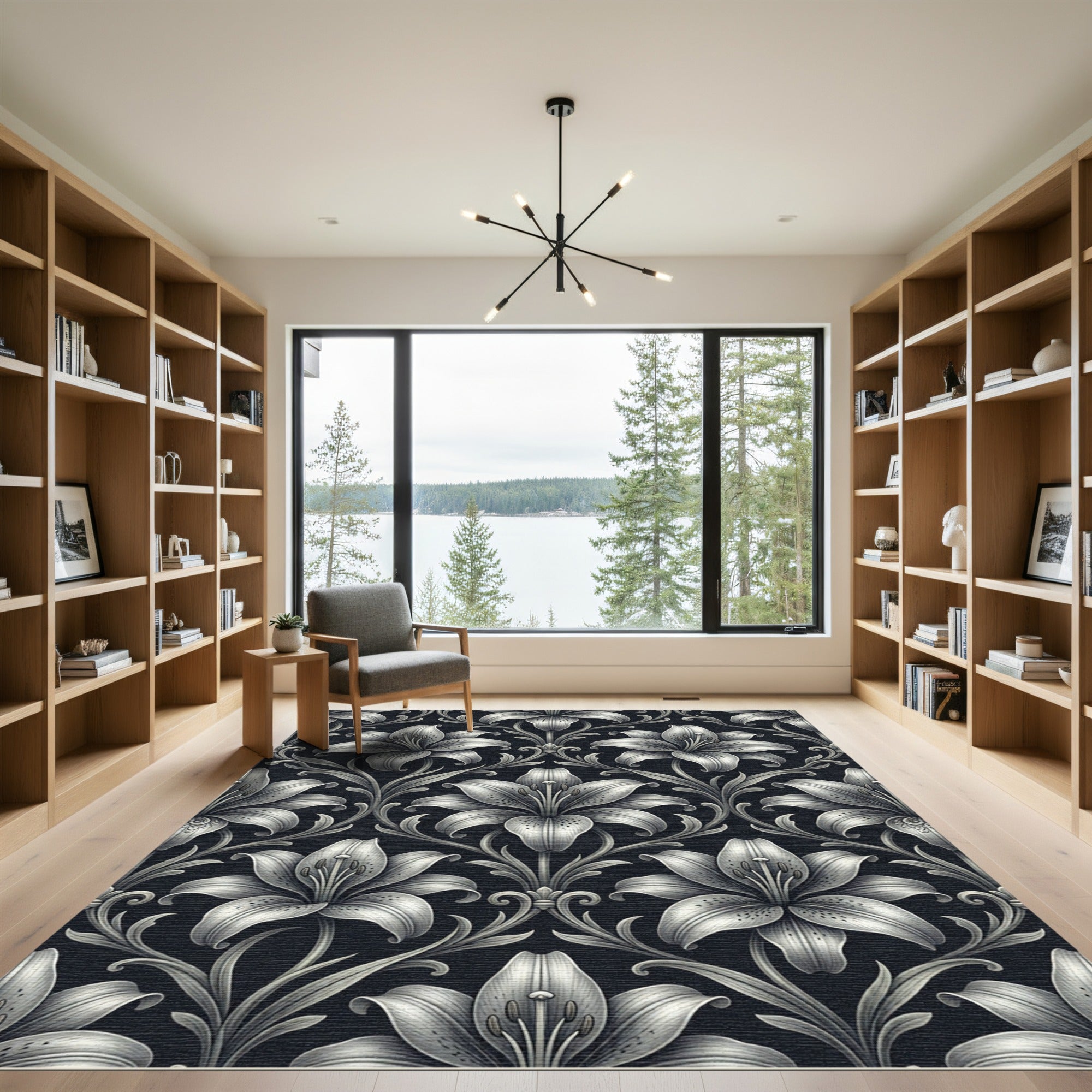 Monochrome Black White Lily Floral Rug