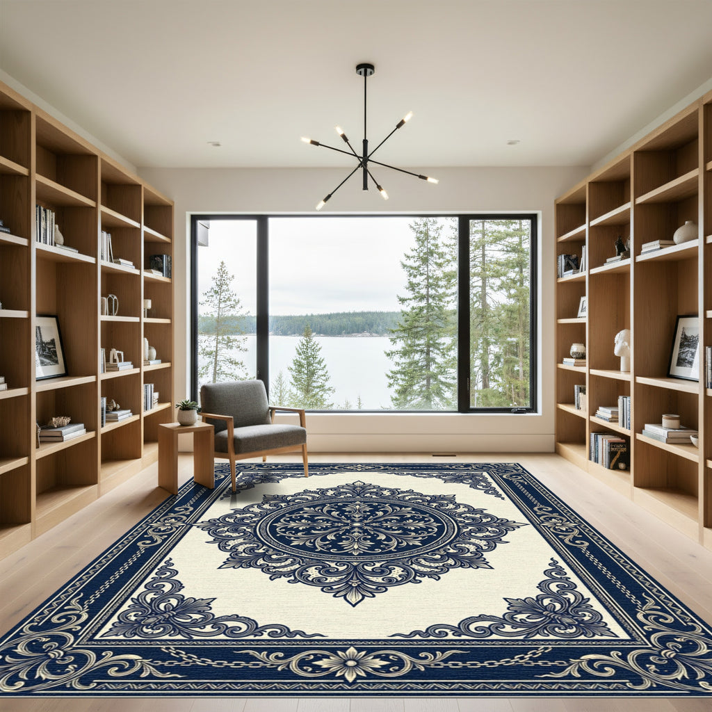 Elegant Navy Cream Ornate Damask Medallion Rug