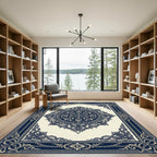 Elegant Navy Cream Ornate Damask Medallion Rug