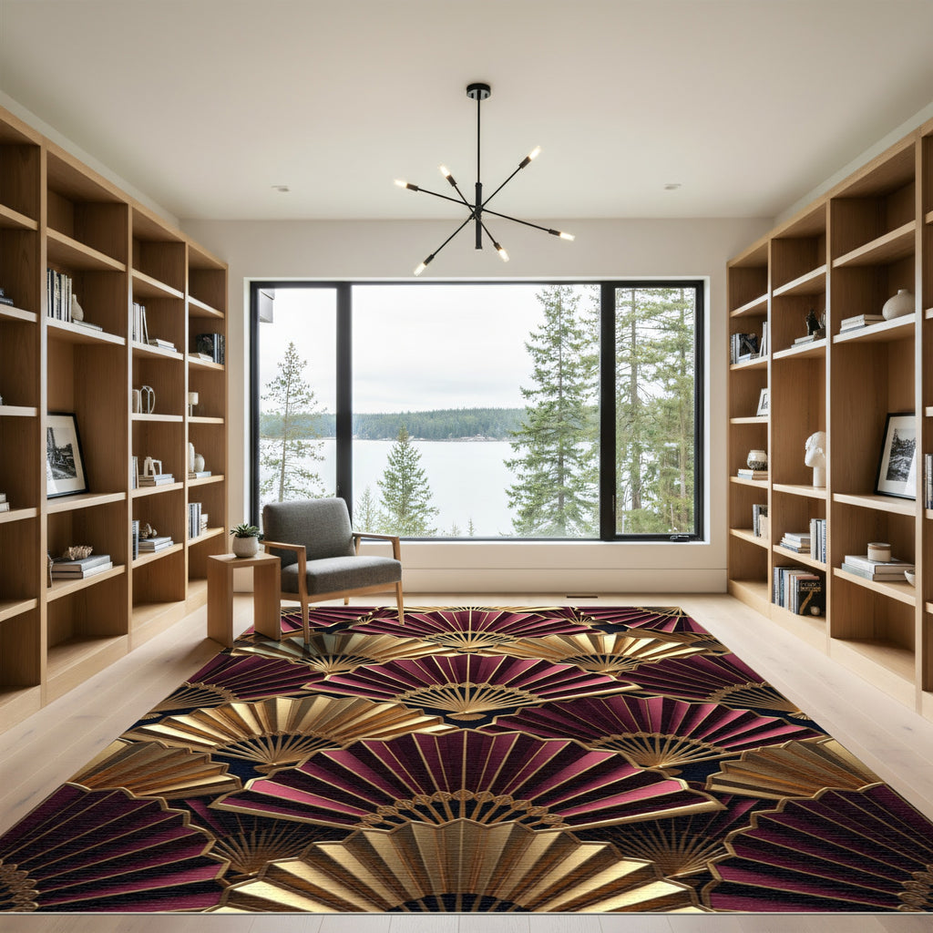 Art Deco Gold and Burgundy Fan Rug