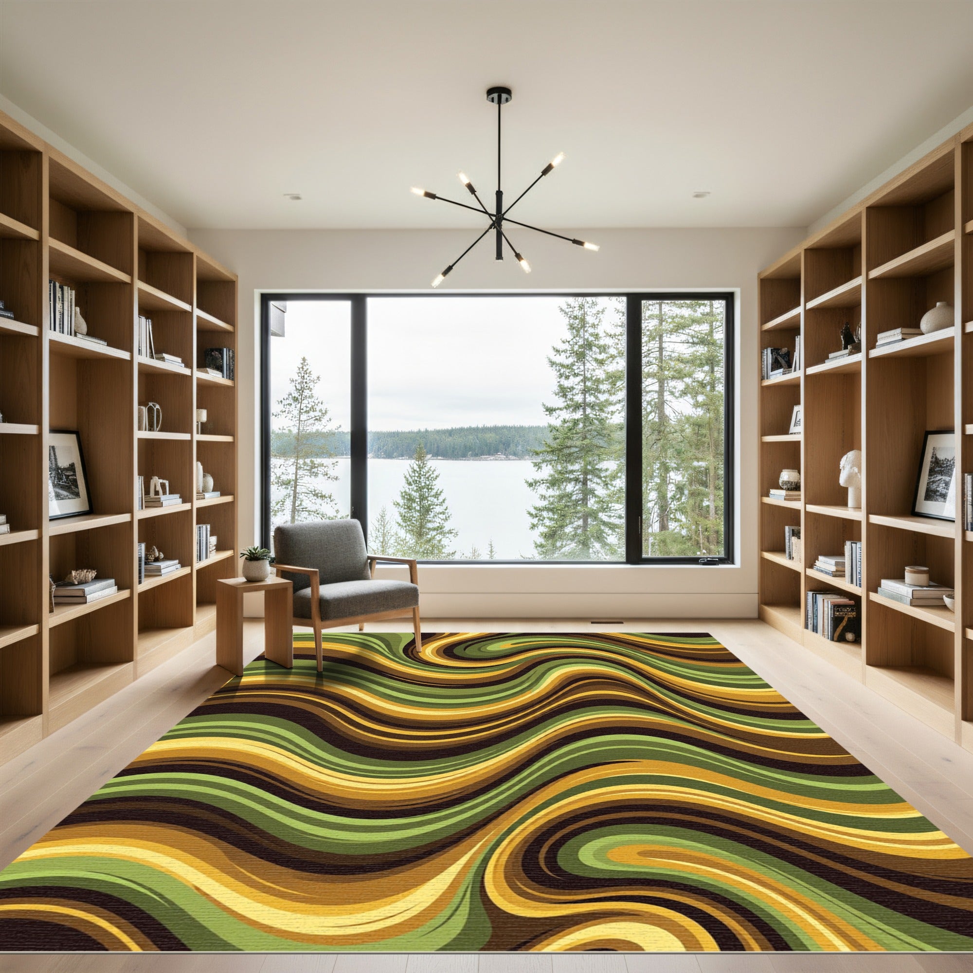 Golden Olive Abstract Wavy Swirl Rug