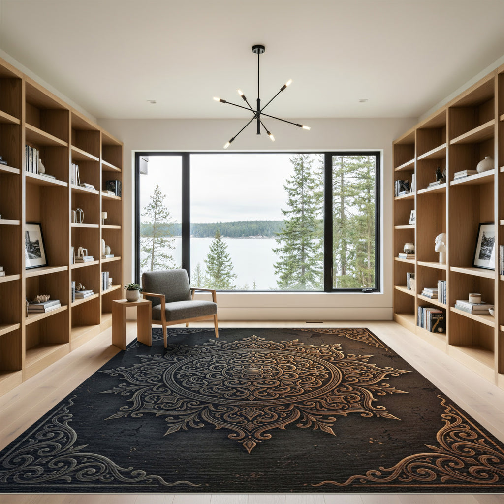 Ornate Bronze Metallic Filigree Medallion Rug
