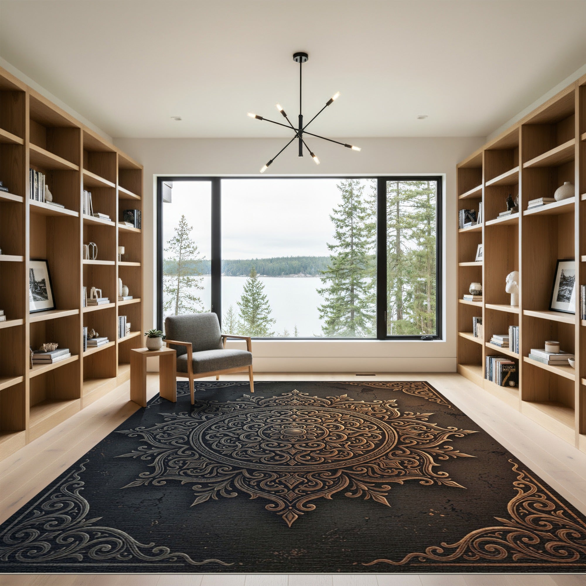 Ornate Bronze Metallic Filigree Medallion Rug