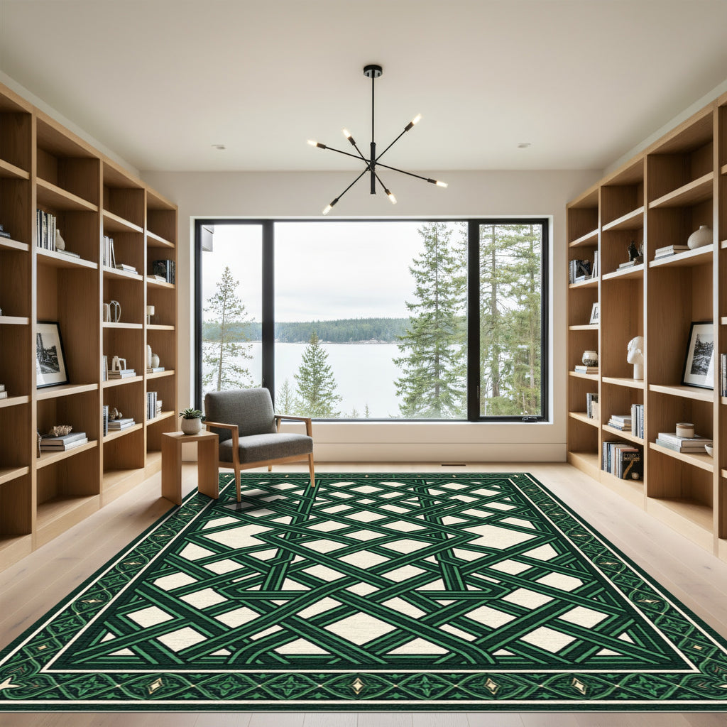 Emerald Interwoven Geometric Lattice Rug