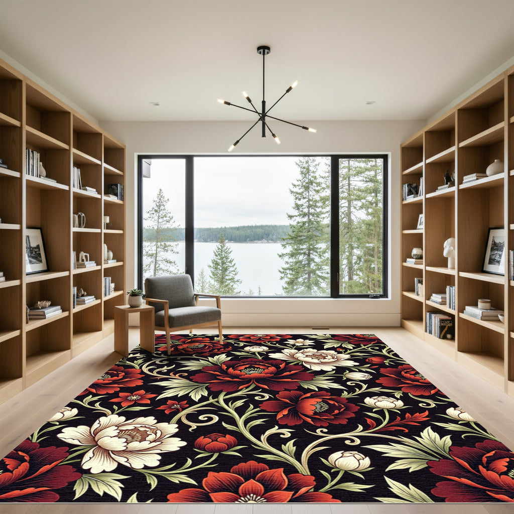 Dark Crimson Peony Botanical Flourish Rug