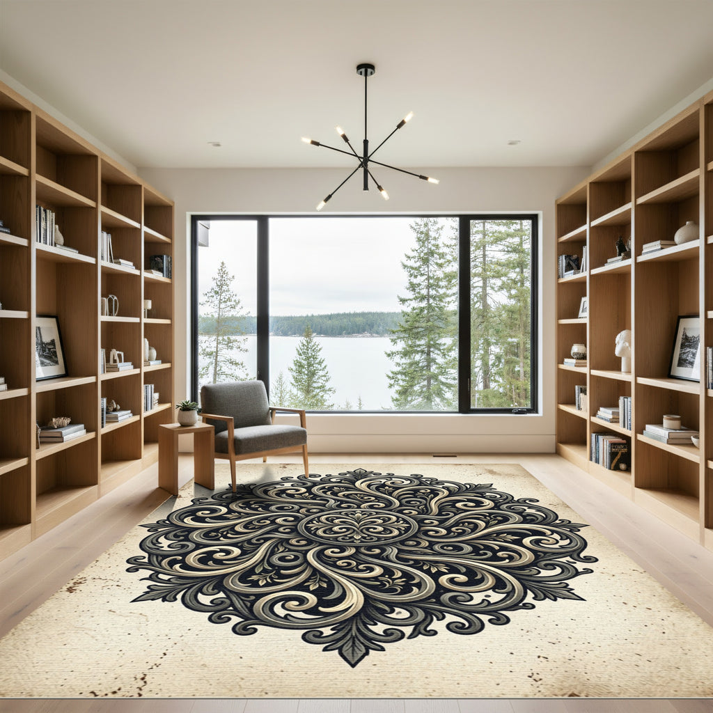 Ornate Gray Floral Mandala Rug