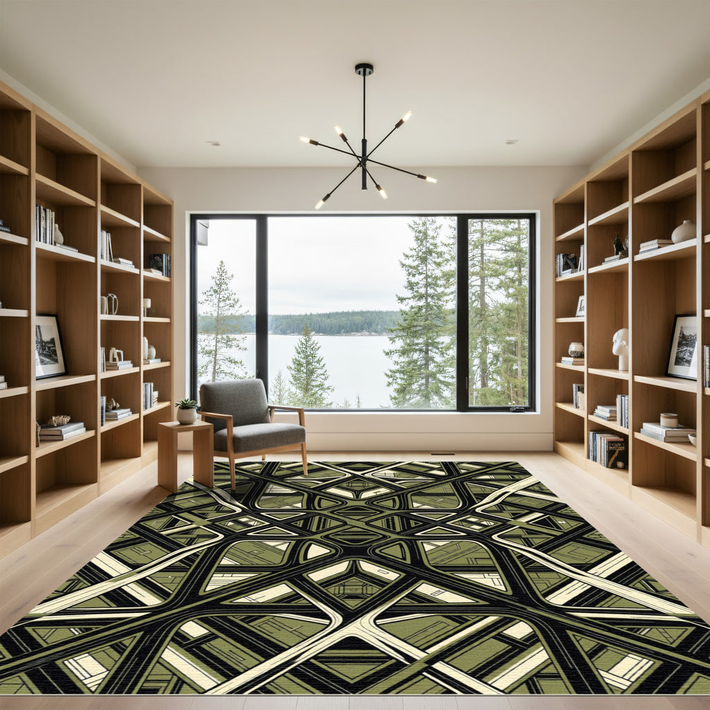 Olive Geometric Modern Architectural Grid Rug