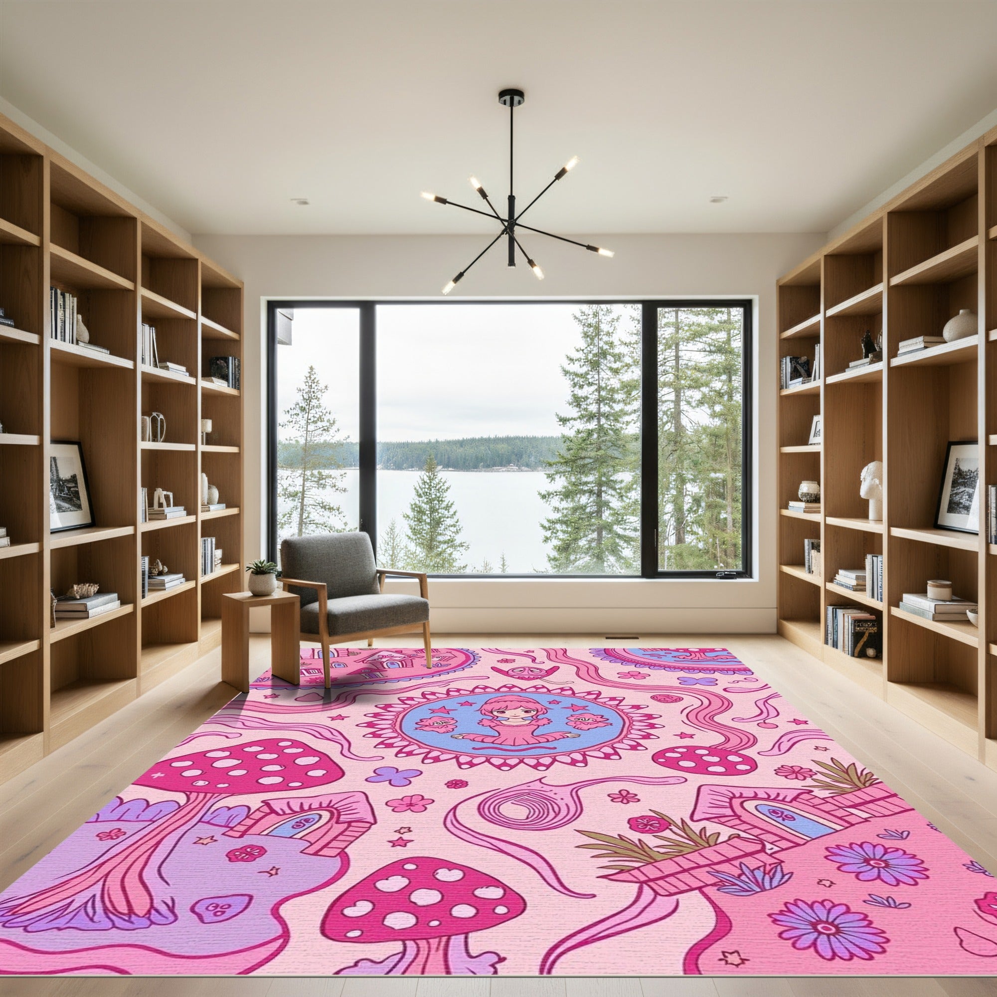 Pink Kawaii Mushroom Fairy Village Rug