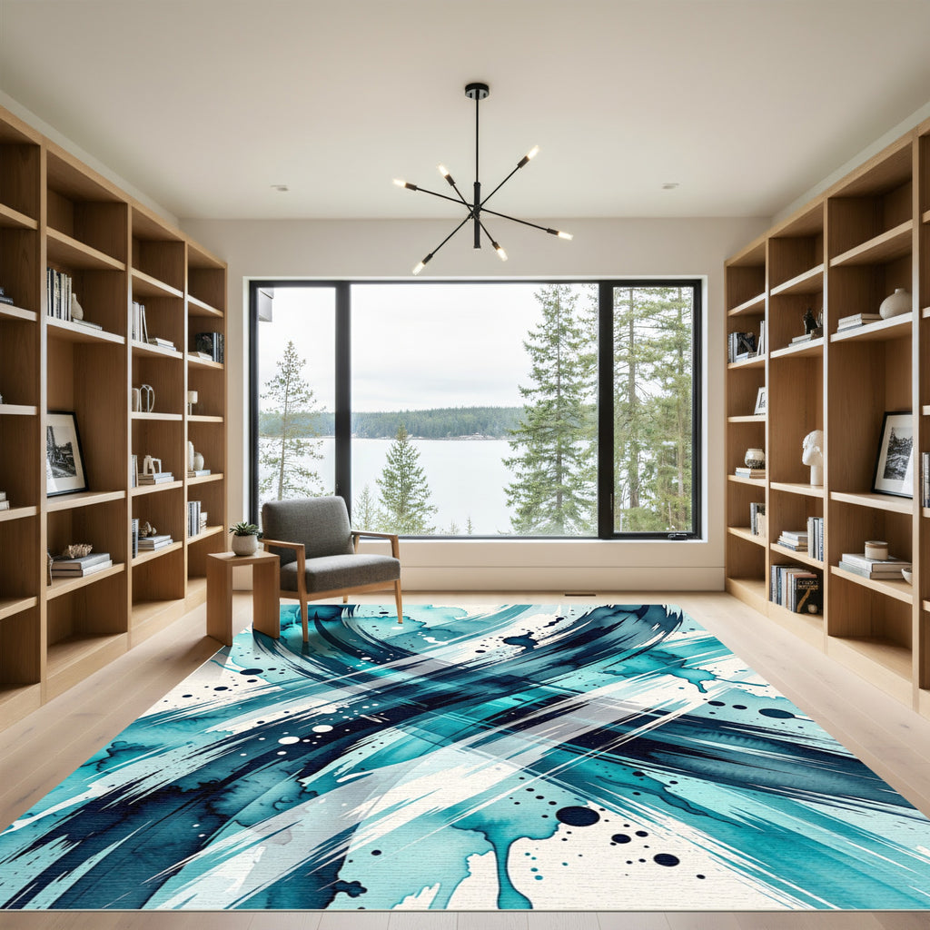 Abstract Teal Blue Ink Swirl Rug