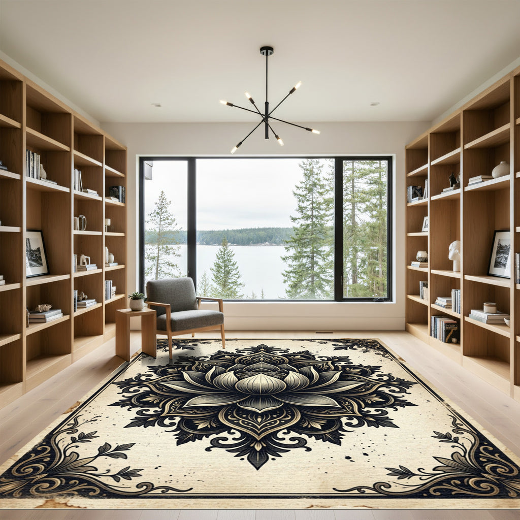 Intricate Black Lotus Damask Medallion Rug