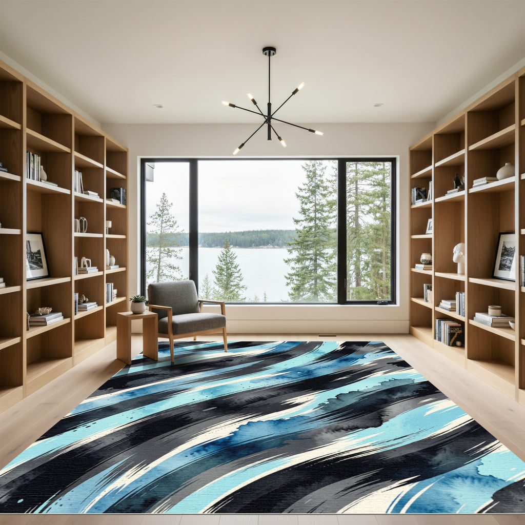 Dynamic Blue Brushstroke Swirl Rug