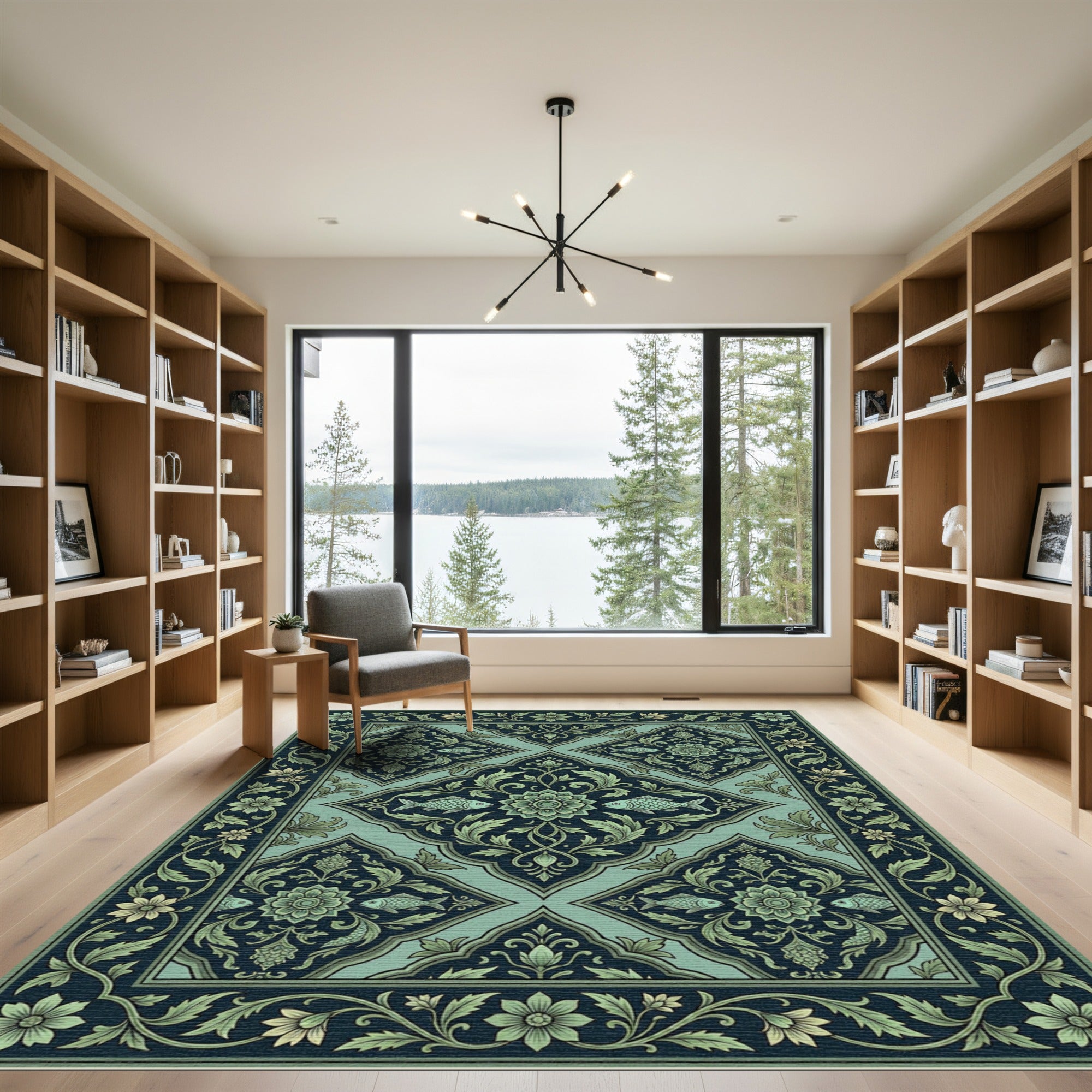 Jade Teal Floral Fish Medallion Rug