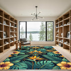 Lush Golden Tropical Botanical Foliage Rug