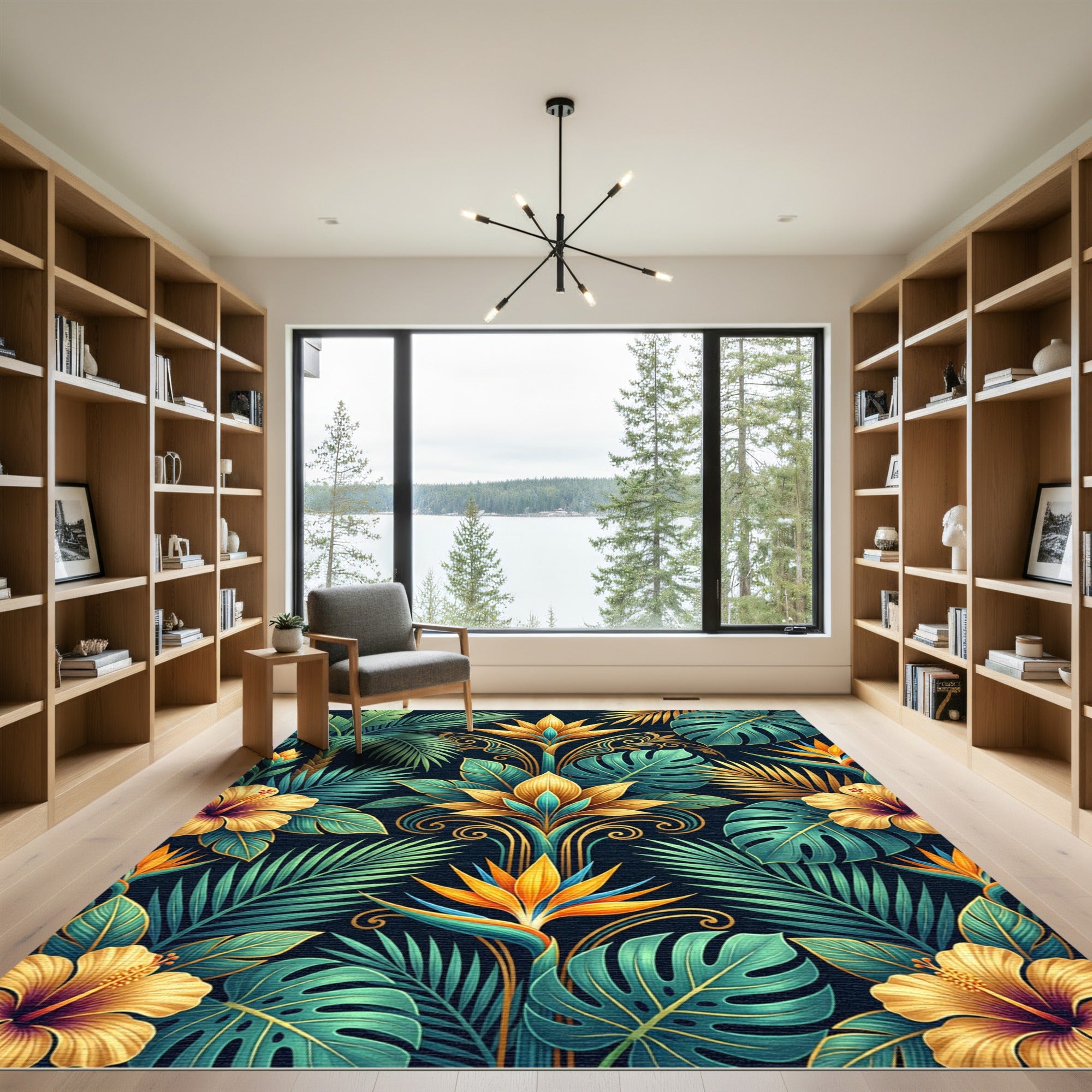 Lush Golden Tropical Botanical Foliage Rug