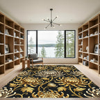 Elegant Gold Chrysanthemum Floral Black Rug