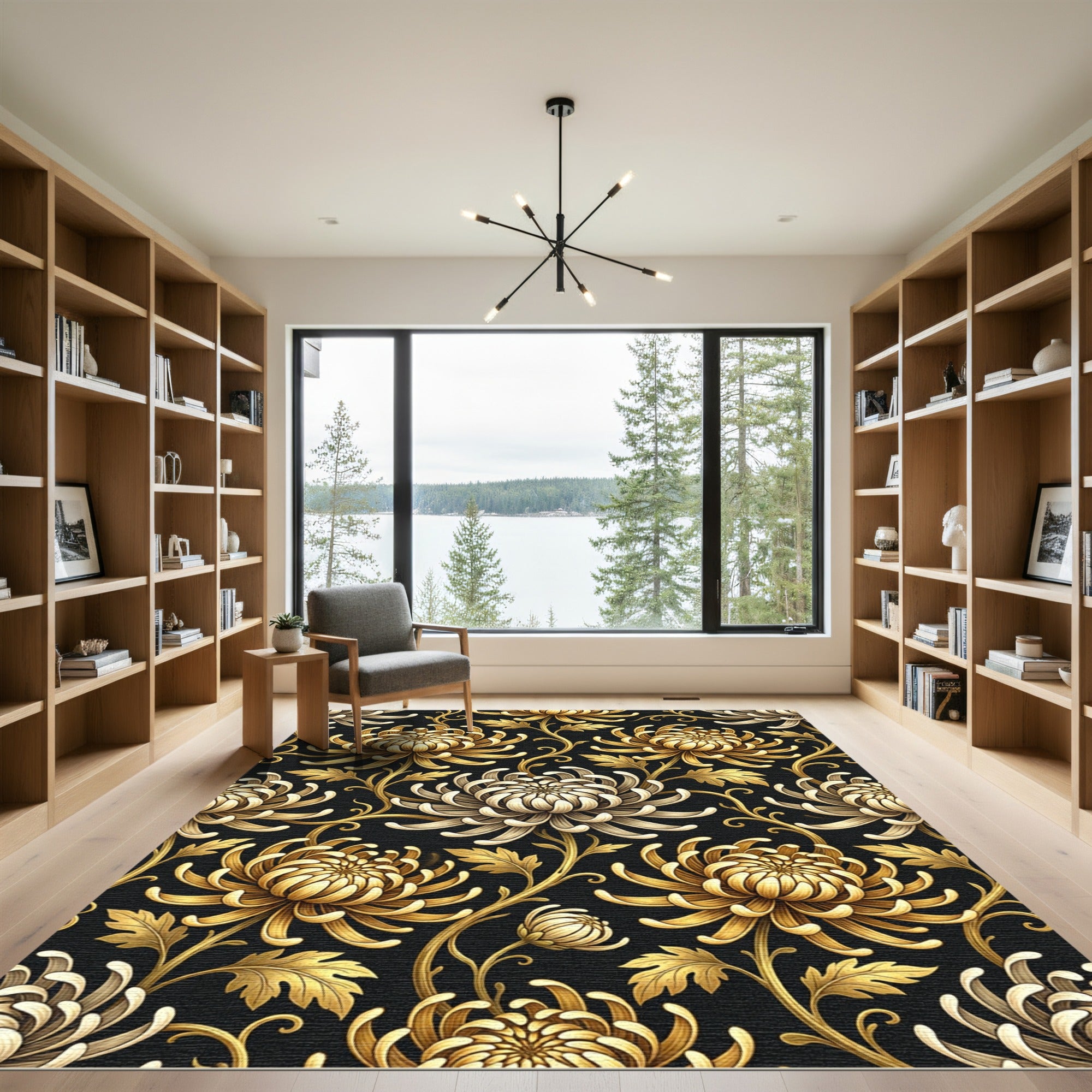 Elegant Gold Chrysanthemum Floral Black Rug