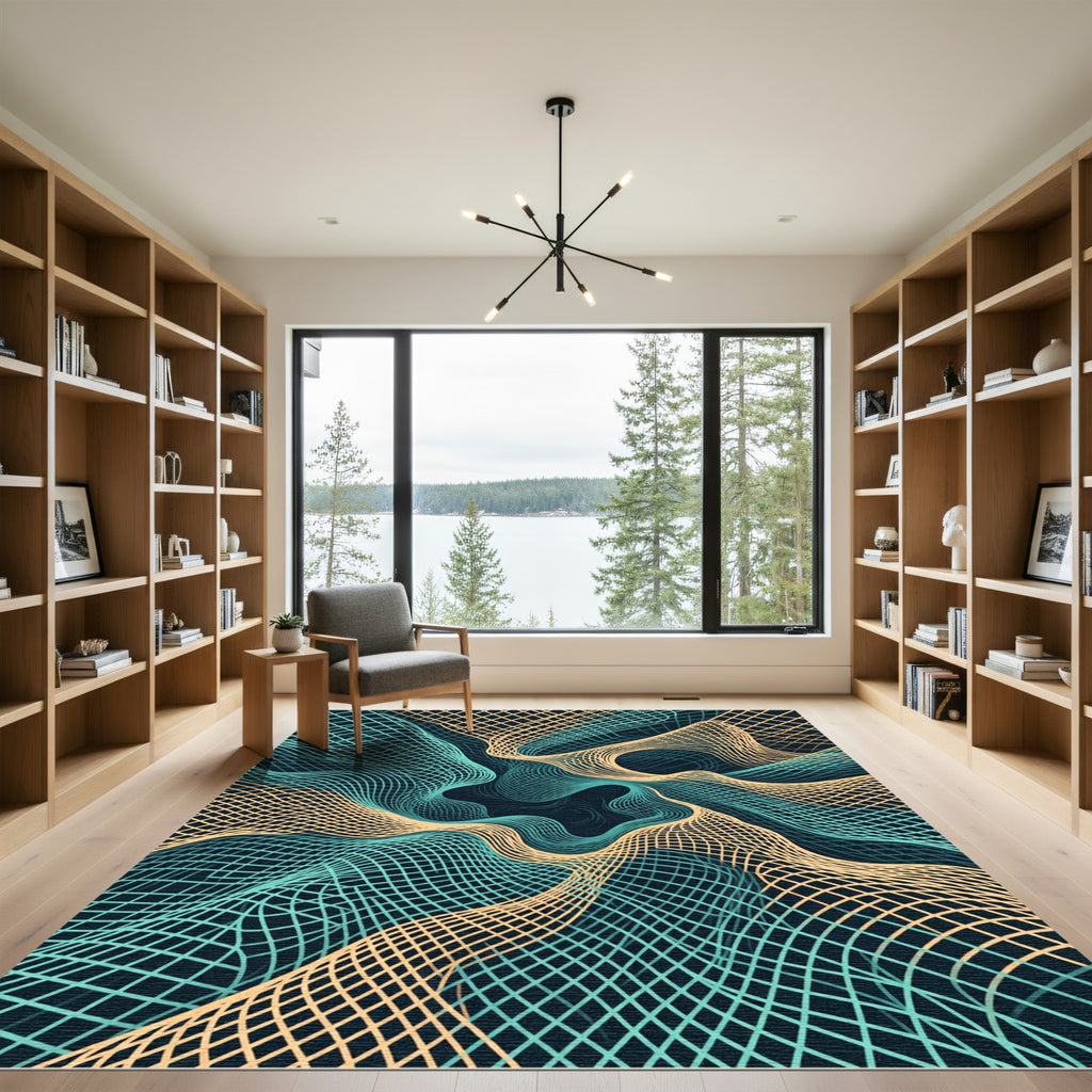 Abstract Teal and Gold Wavy Grid Rug