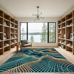 Abstract Teal and Gold Wavy Grid Rug