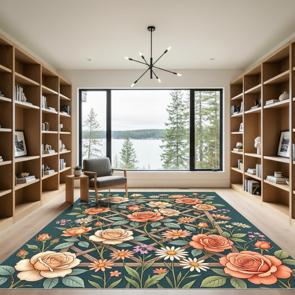 Coral Cream Rose Trellis Garden Bloom Rug
