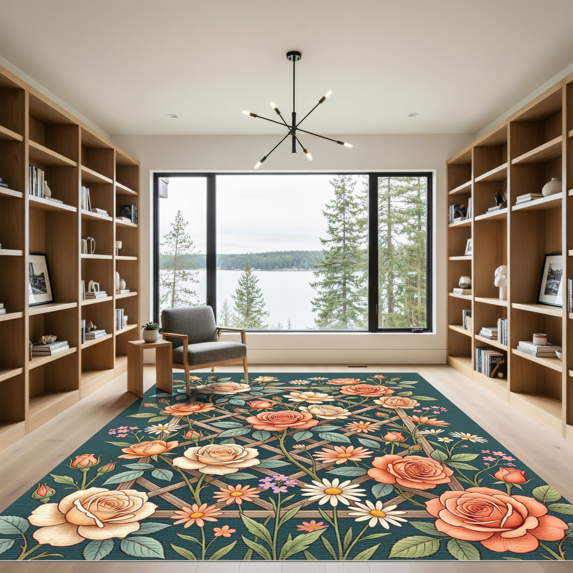 Coral Cream Rose Trellis Garden Bloom Rug