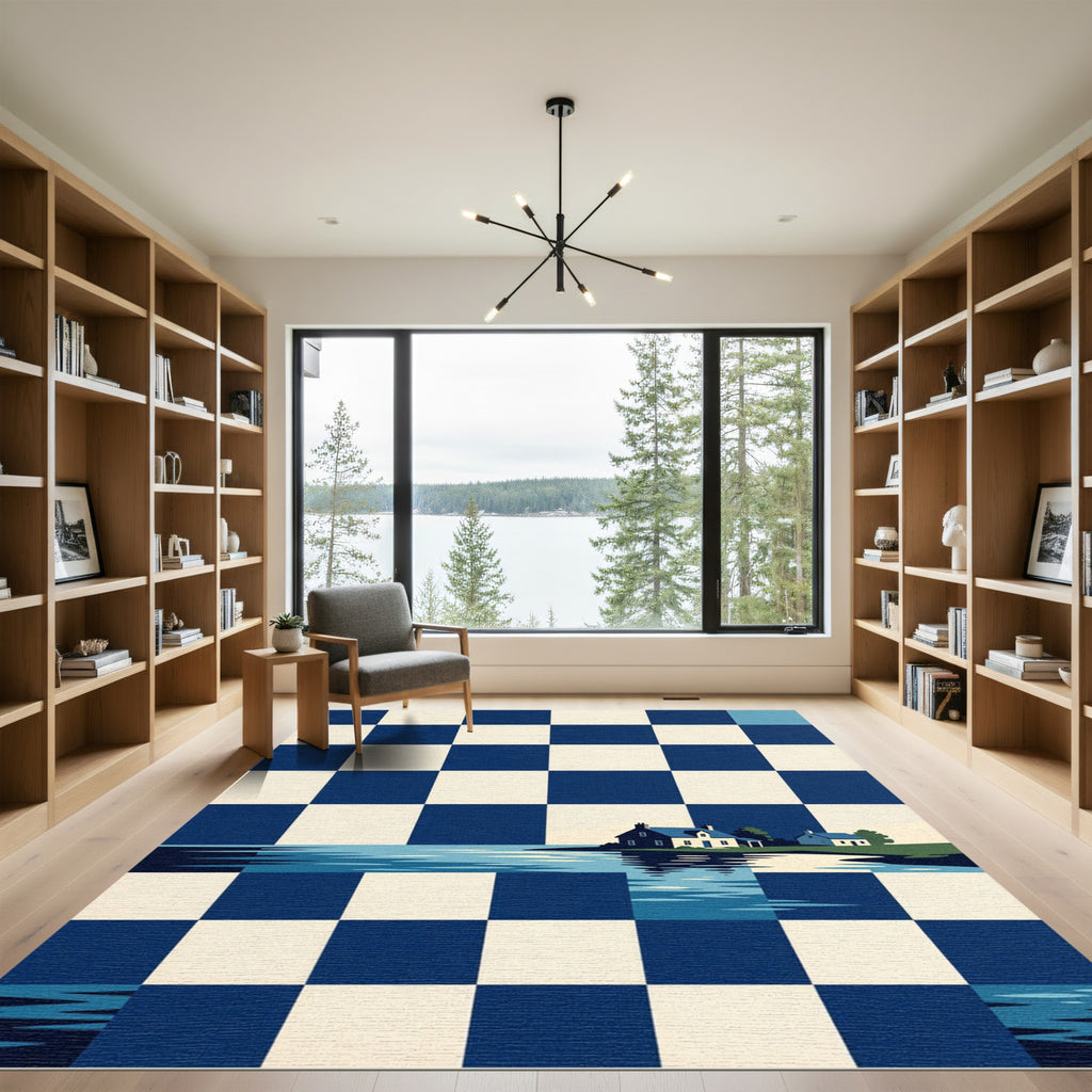 Coastal Checkerboard Navy House Landscape Rug