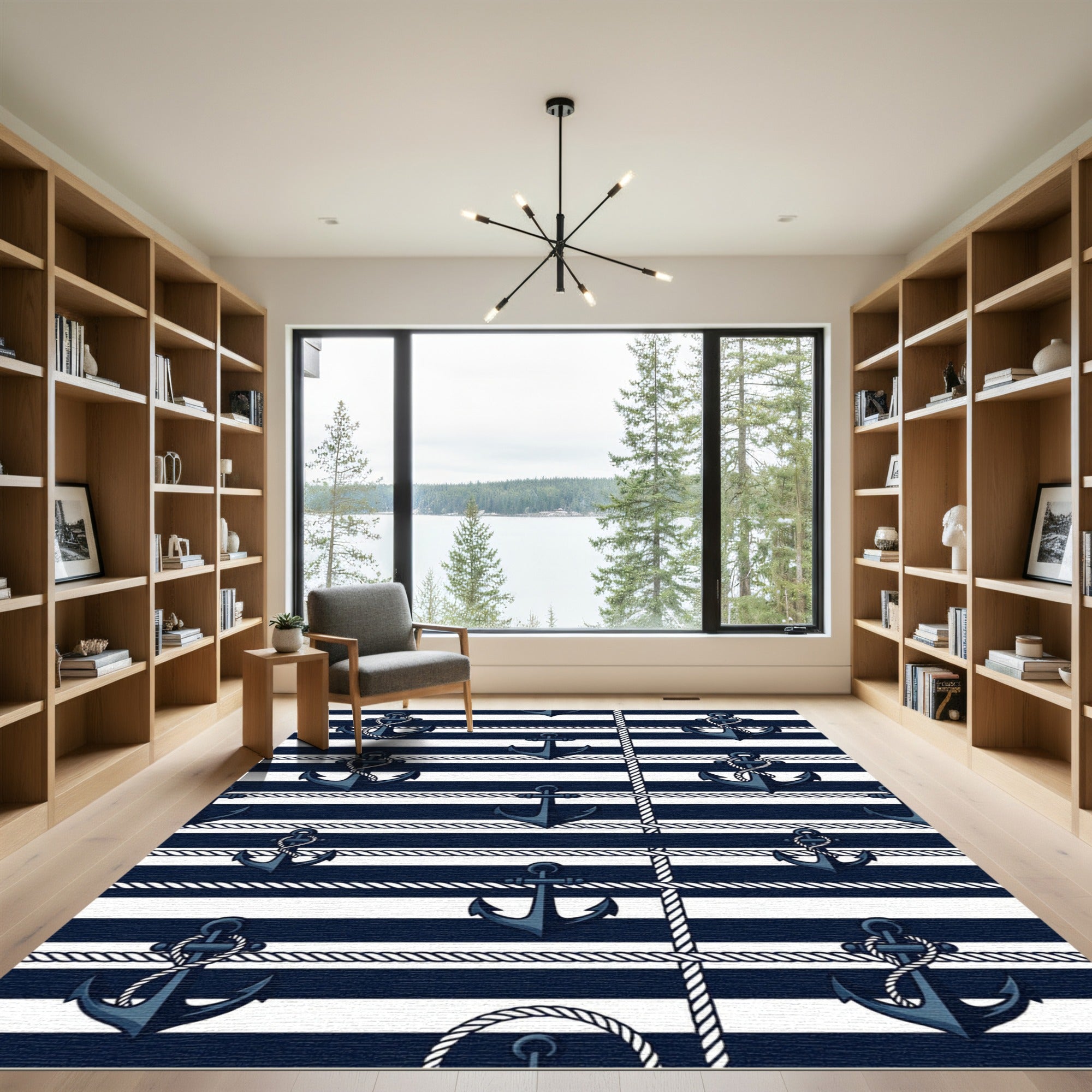 Nautical Navy Anchor Striped Rope Rug