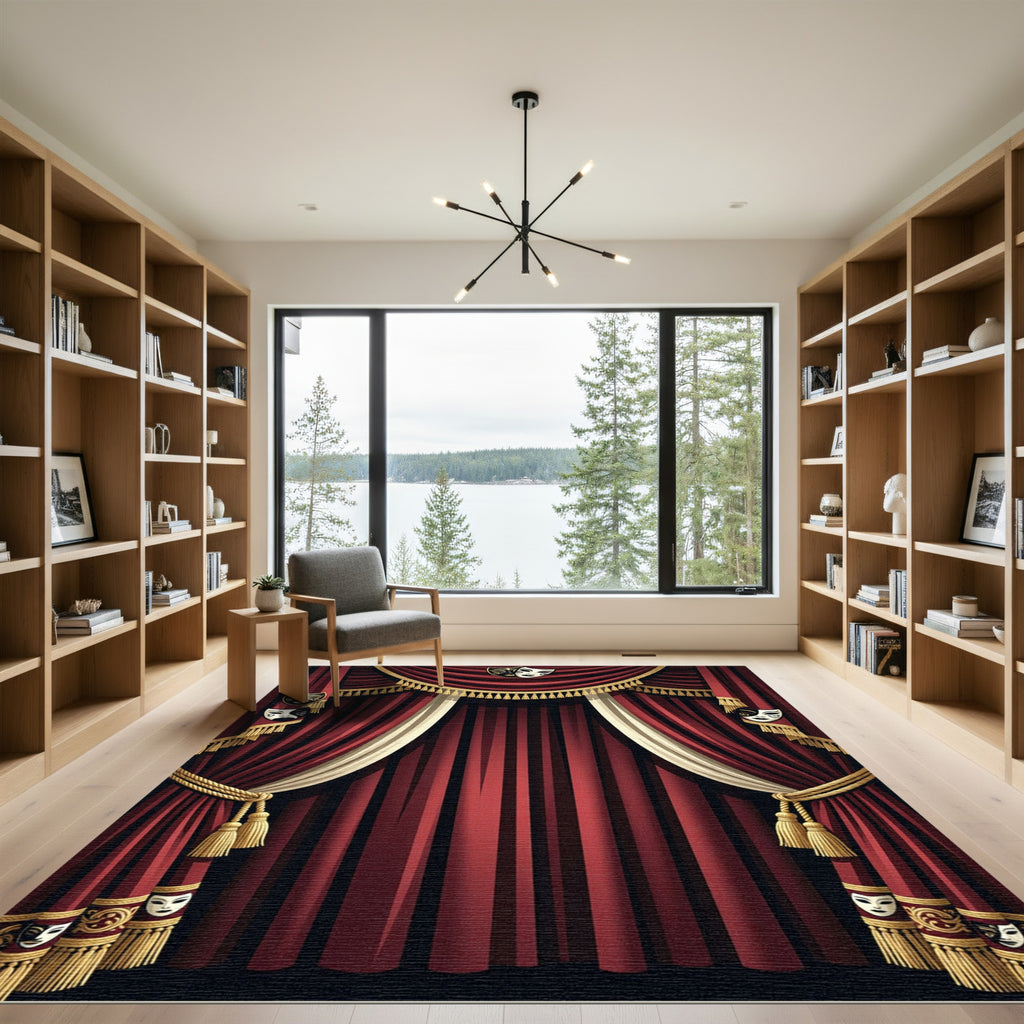 Dramatic Crimson Theatrical Mask Curtain Rug