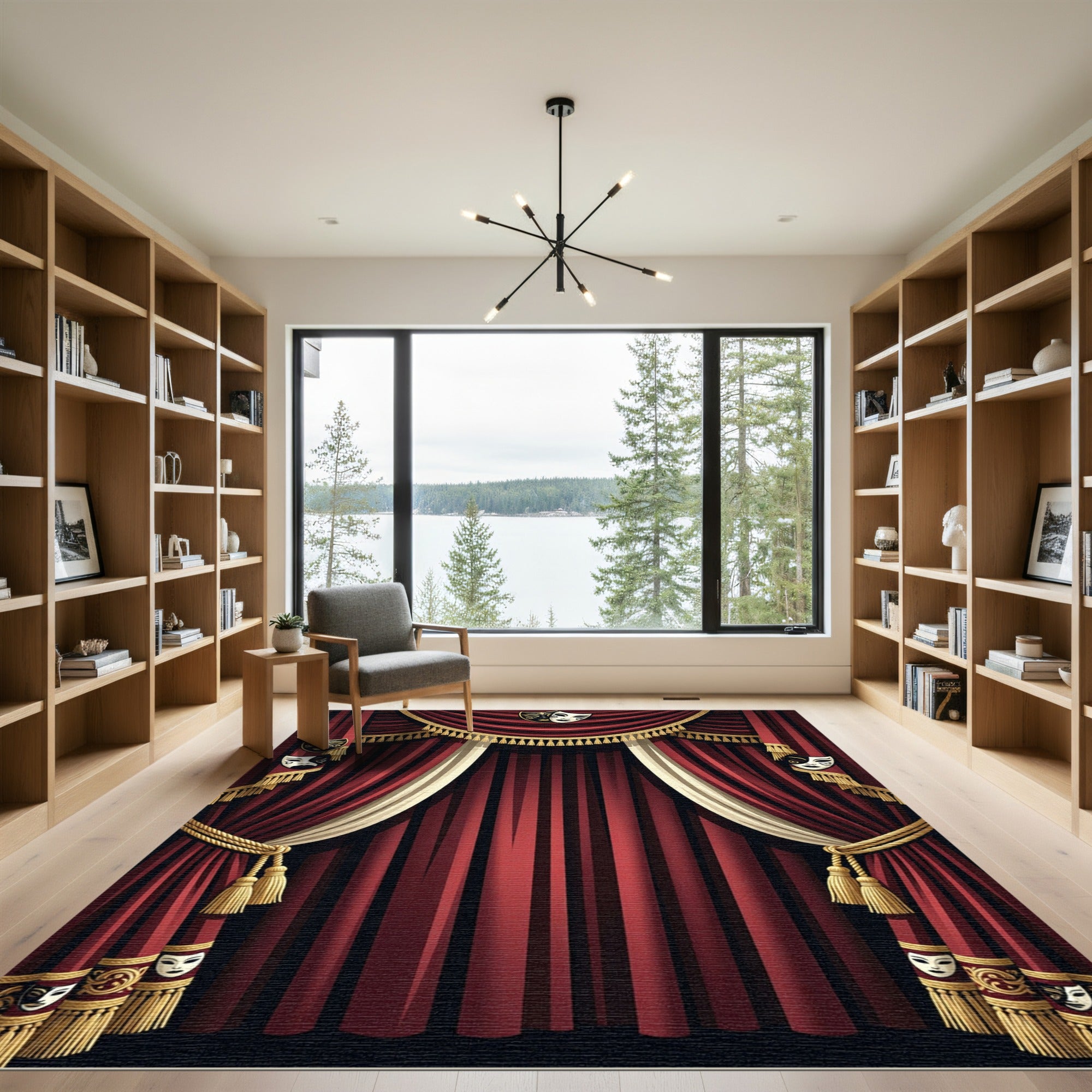 Dramatic Crimson Theatrical Mask Curtain Rug