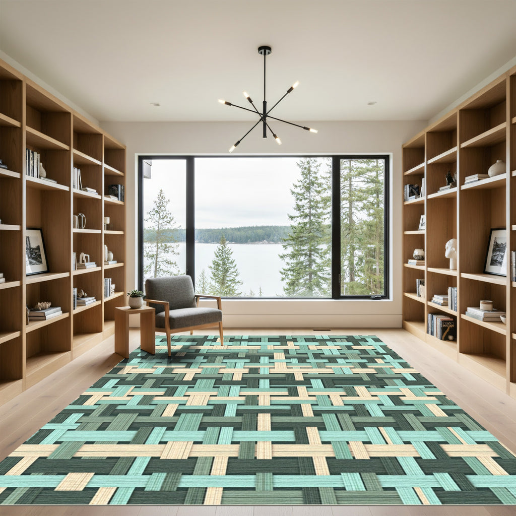 Sage and Cream Woven Geometric Lattice Rug