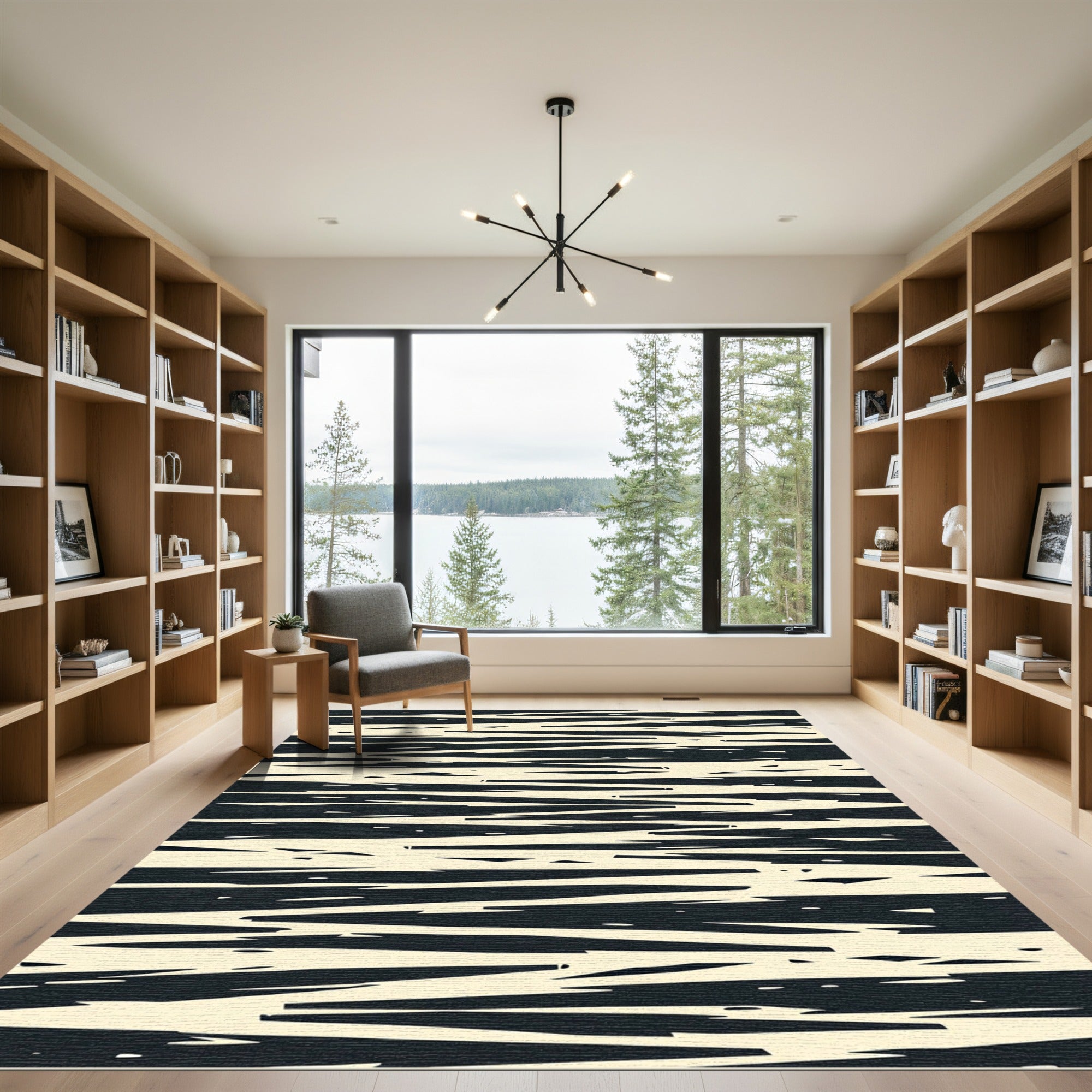 Abstract Black Cream Jagged Lines Rug