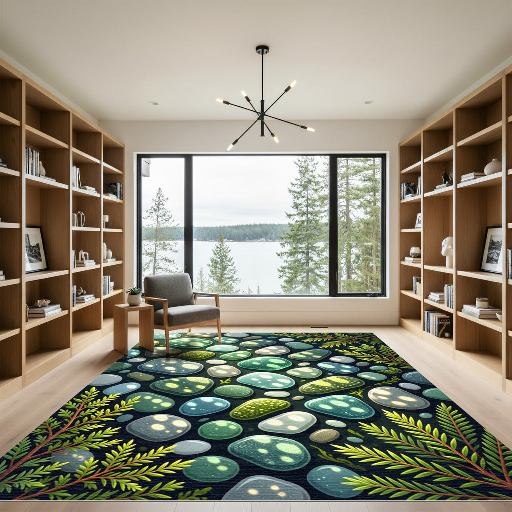 Luminous Bioluminescent Pebble and Fern Foliage Rug
