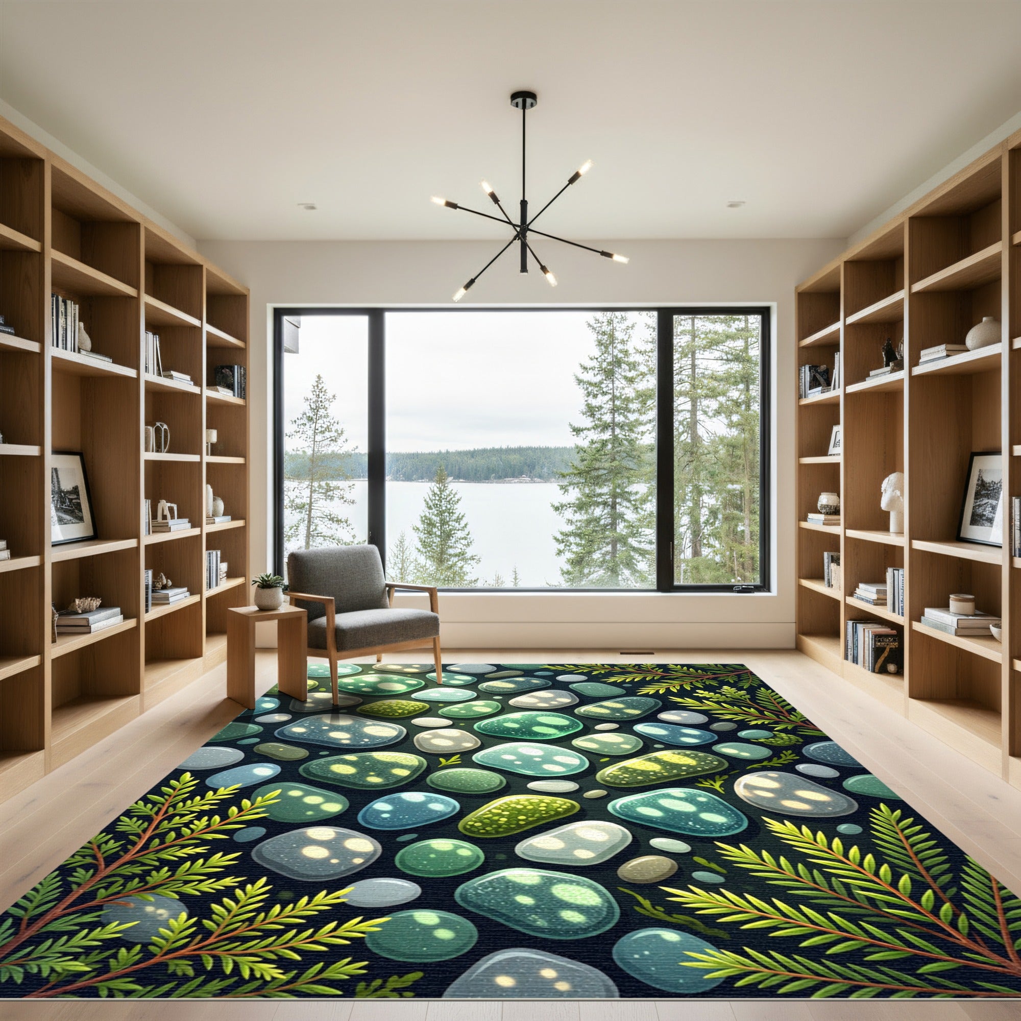 Luminous Bioluminescent Pebble and Fern Foliage Rug