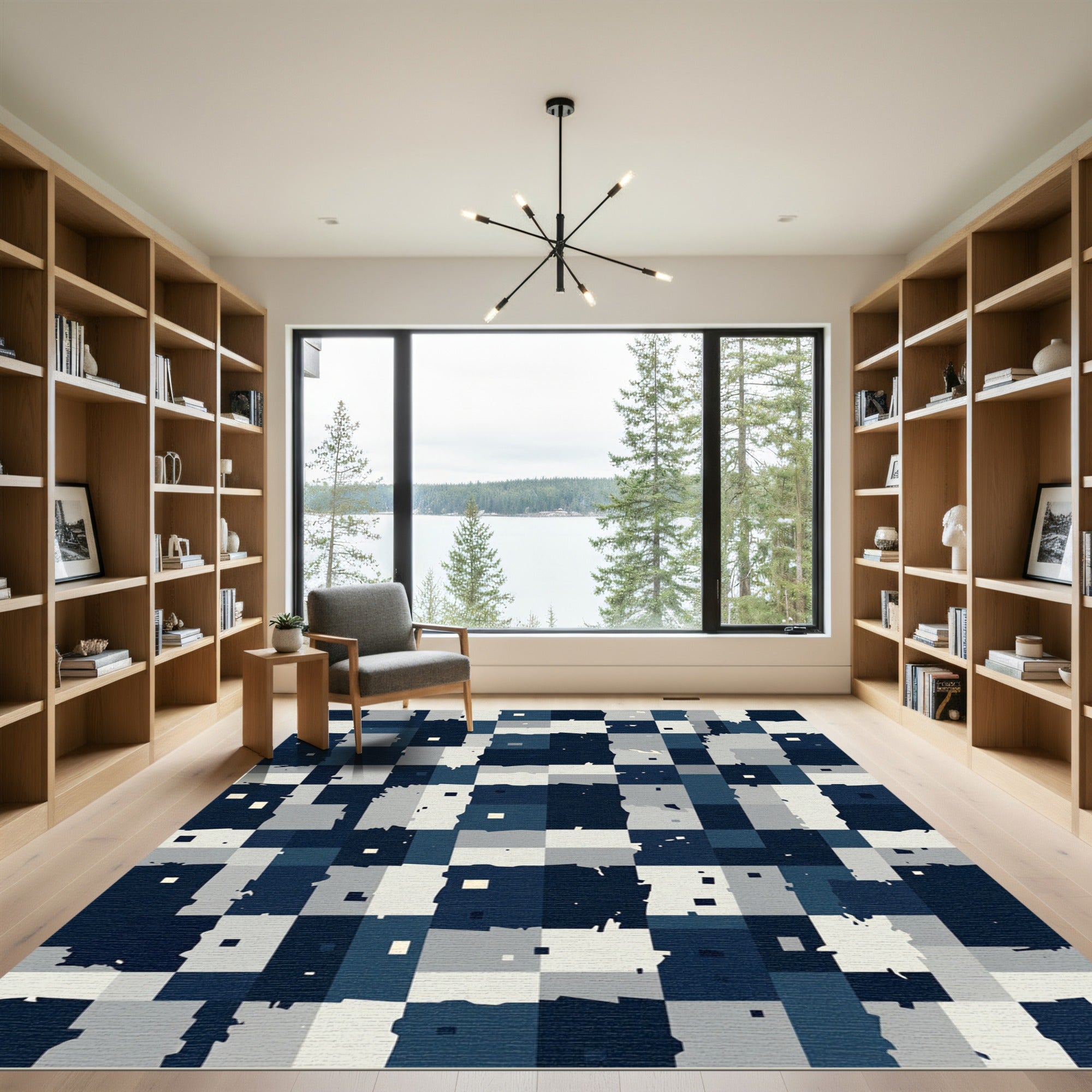 Abstract Navy Blue Checkerboard Blocks Rug