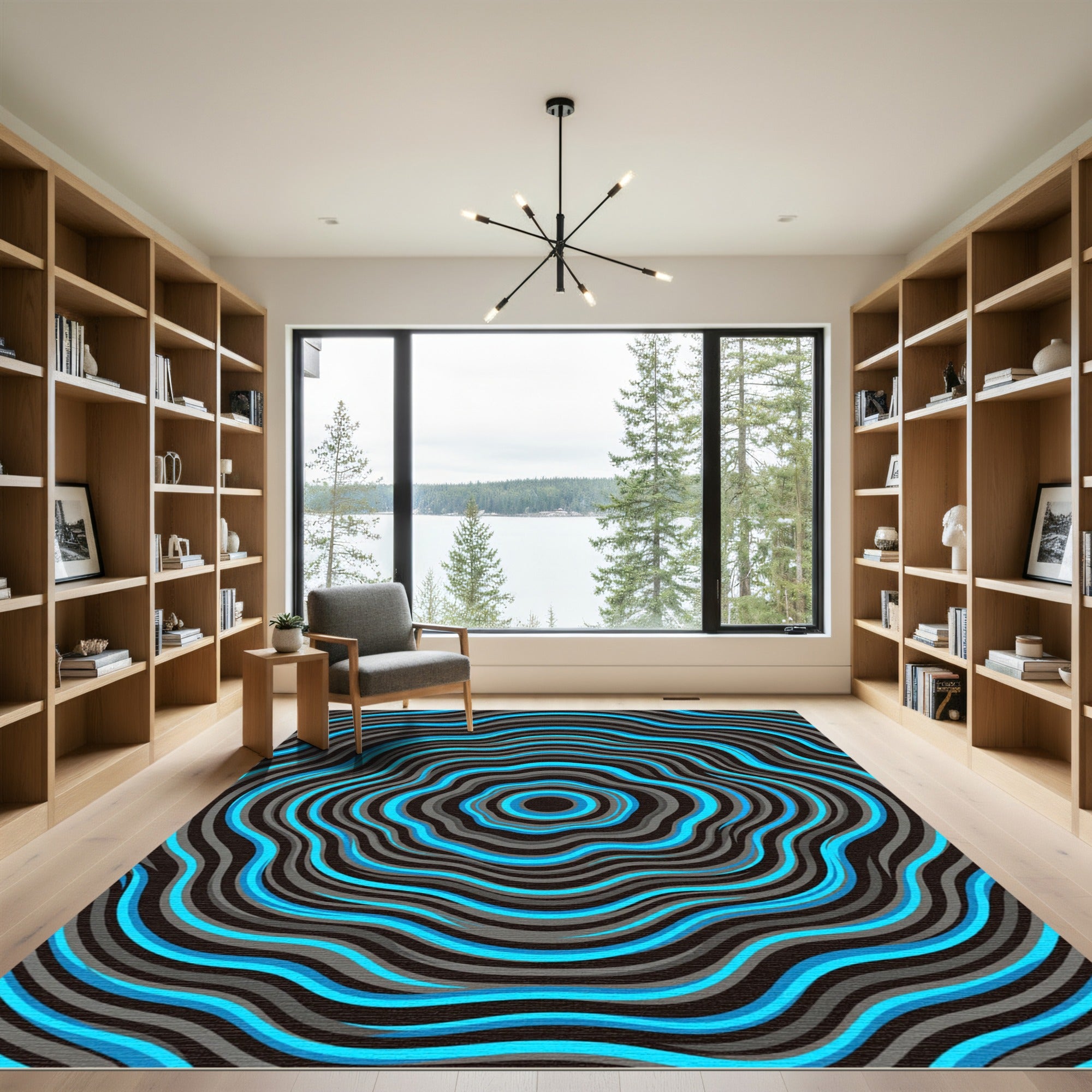 Electric Blue Rippling Concentric Circular Rug