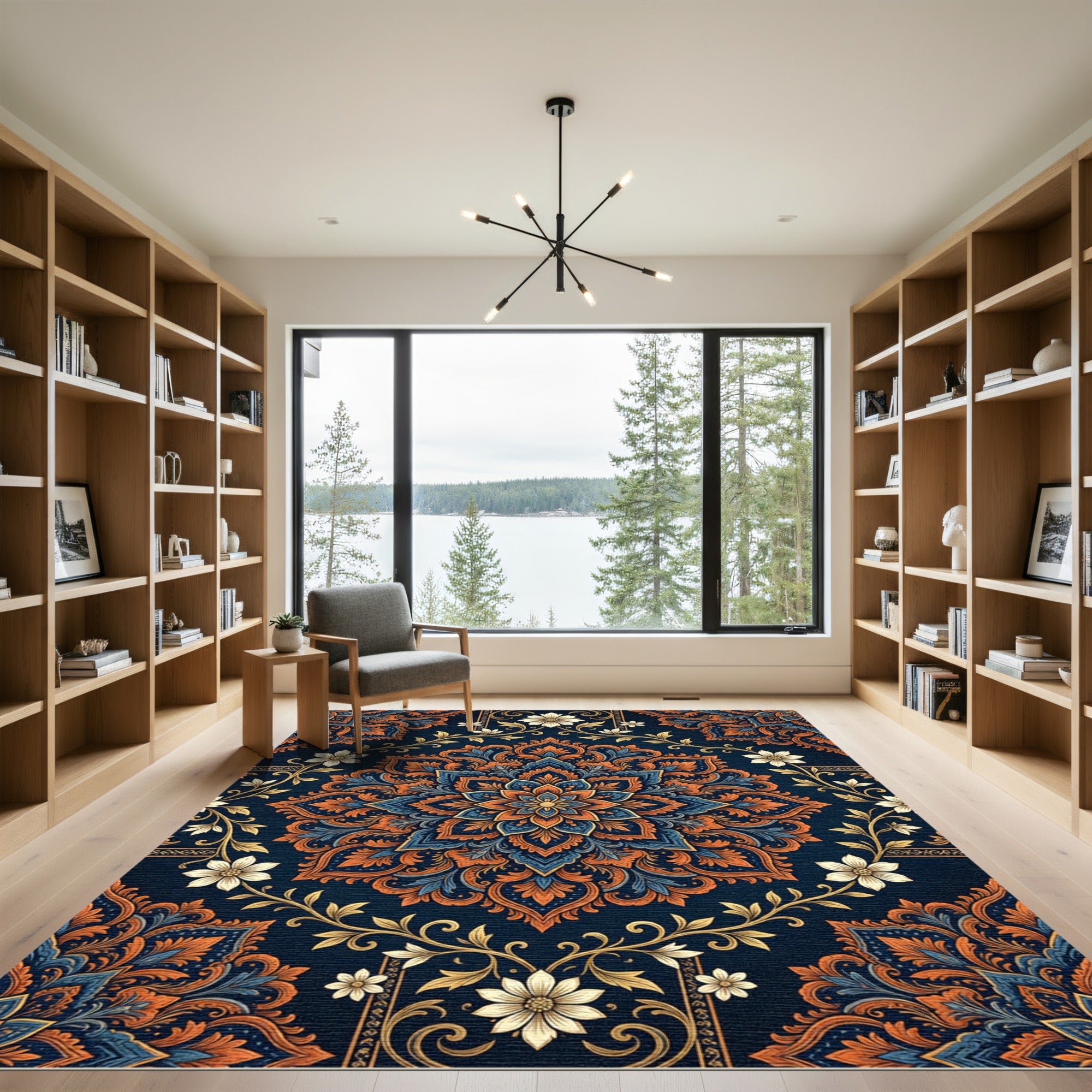 Deep Blue Orange Floral Mandala Rug