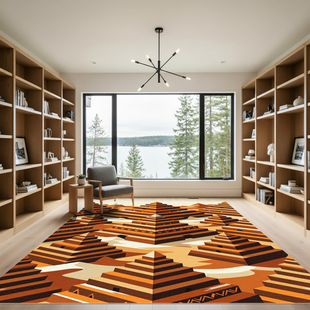Isometric Terracotta Ziggurat Stepped Geometric Rug