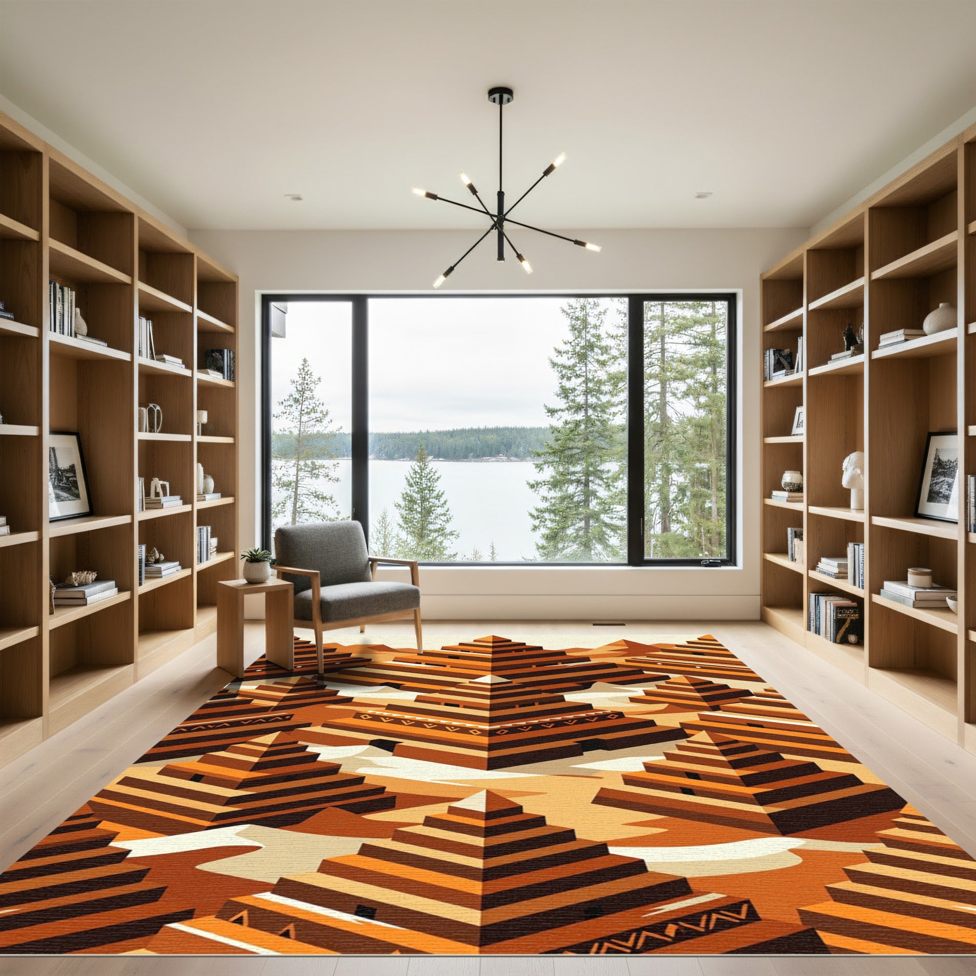Isometric Terracotta Ziggurat Stepped Geometric Rug