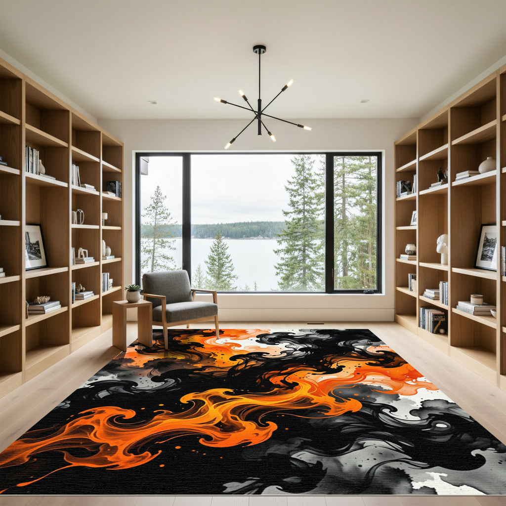 Vibrant Orange and Black Abstract Smoke Rug