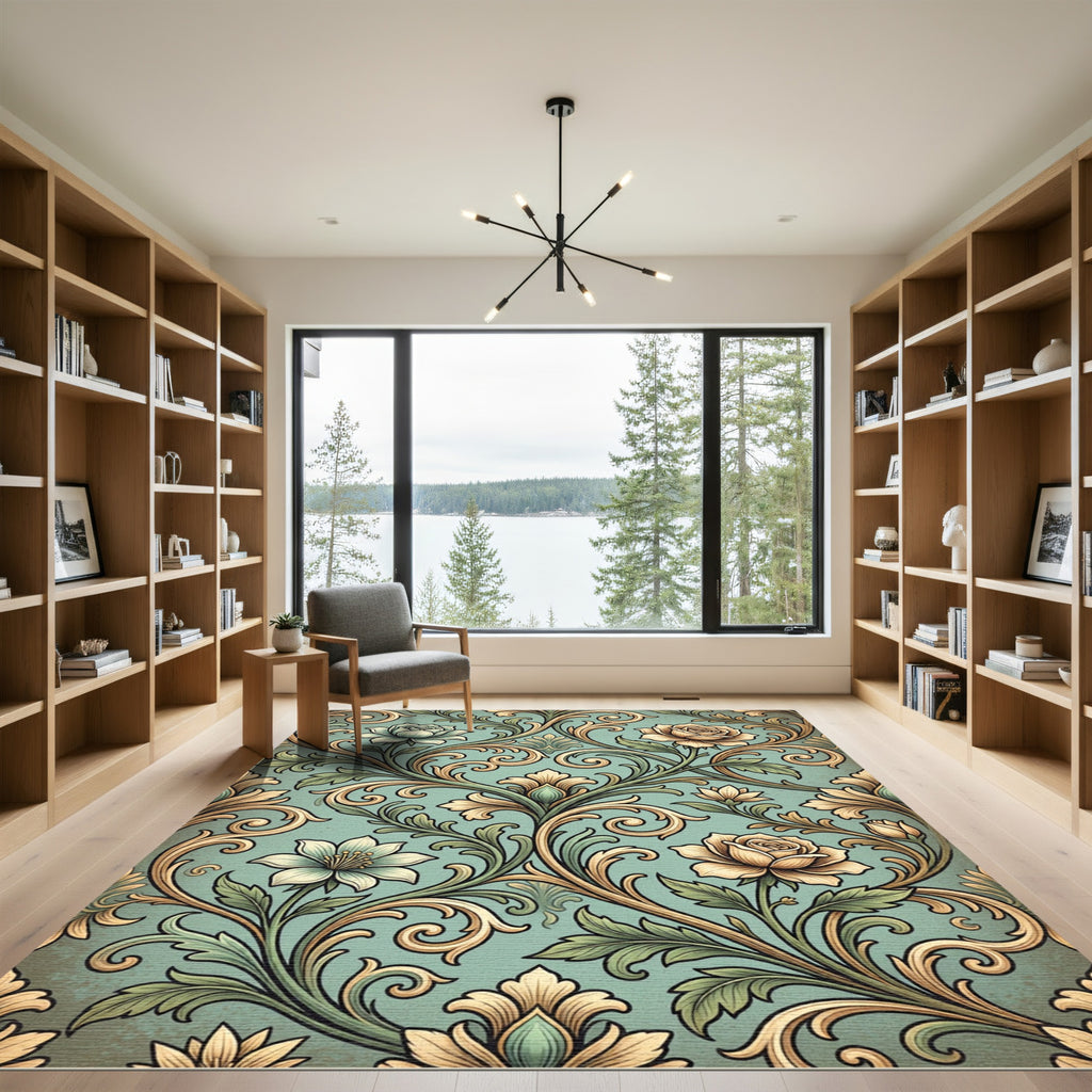 Elegant Sage Rose Damask Scroll Rug