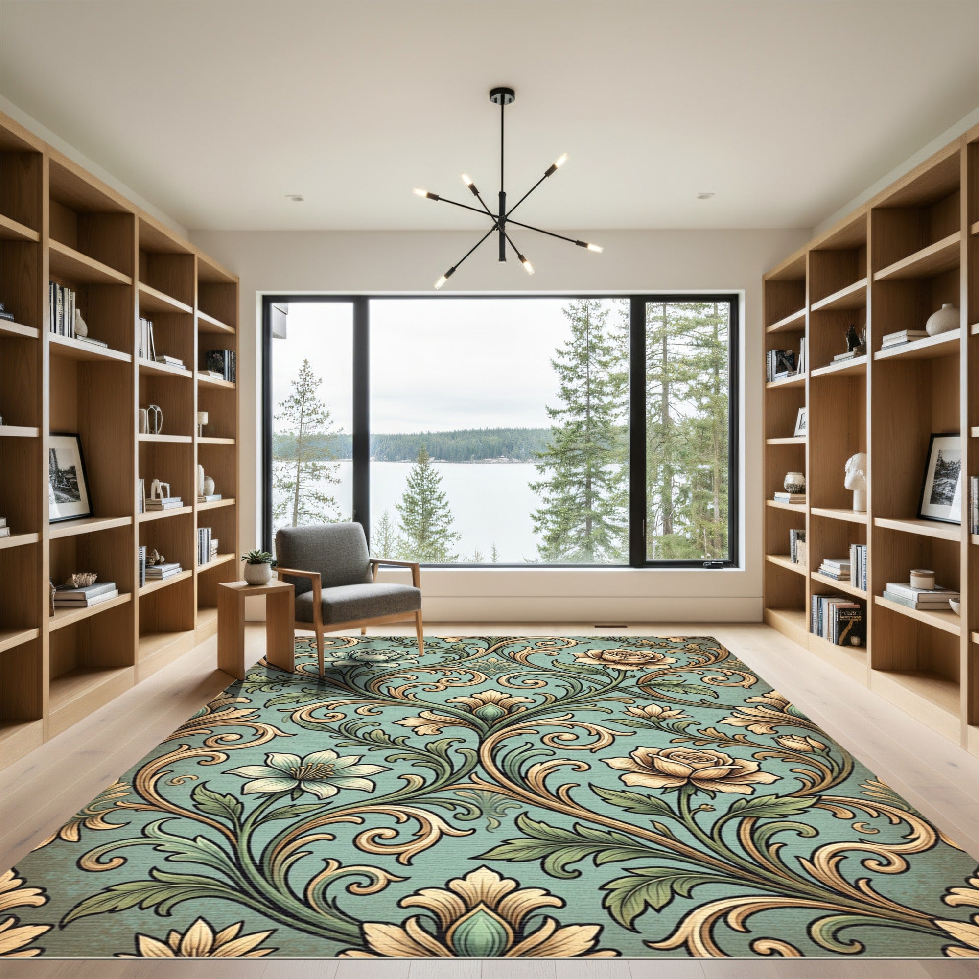 Elegant Sage Rose Damask Scroll Rug