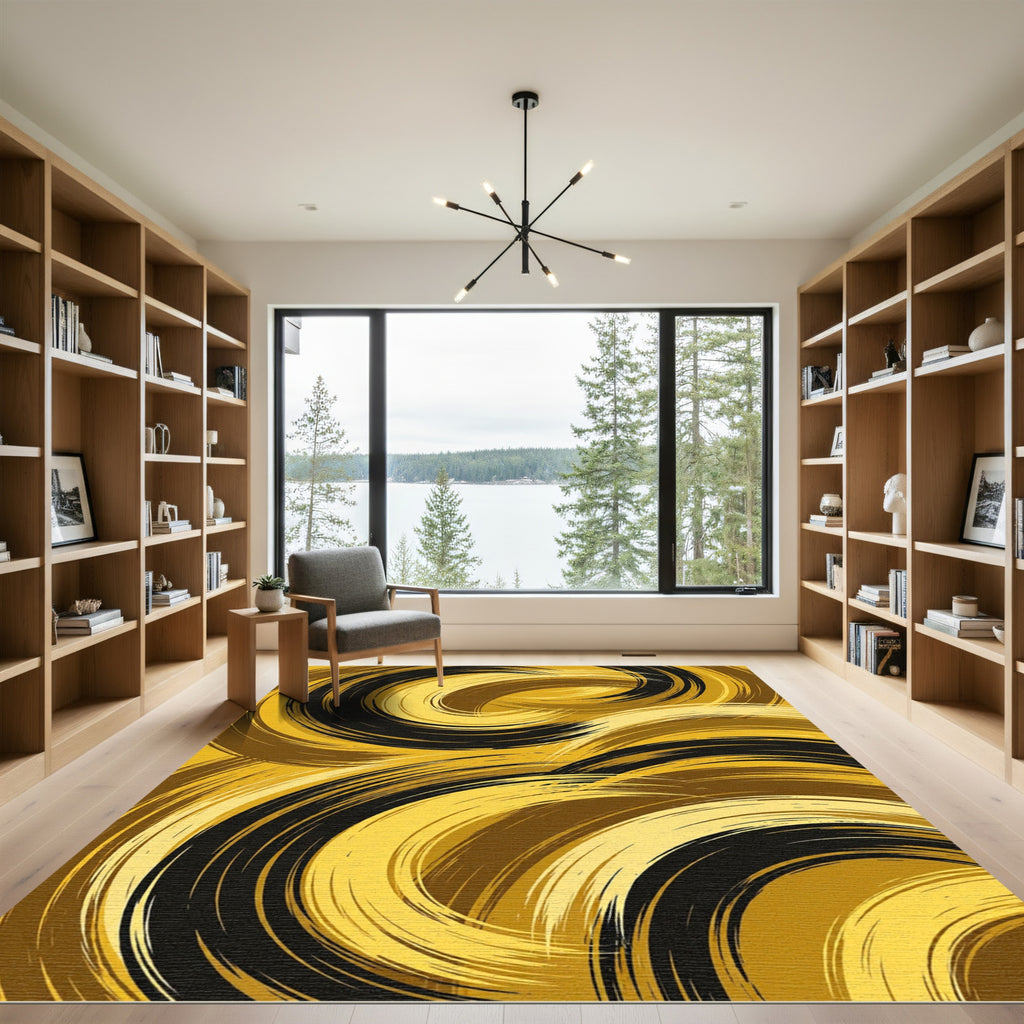 Golden Black Abstract Swirl Rug