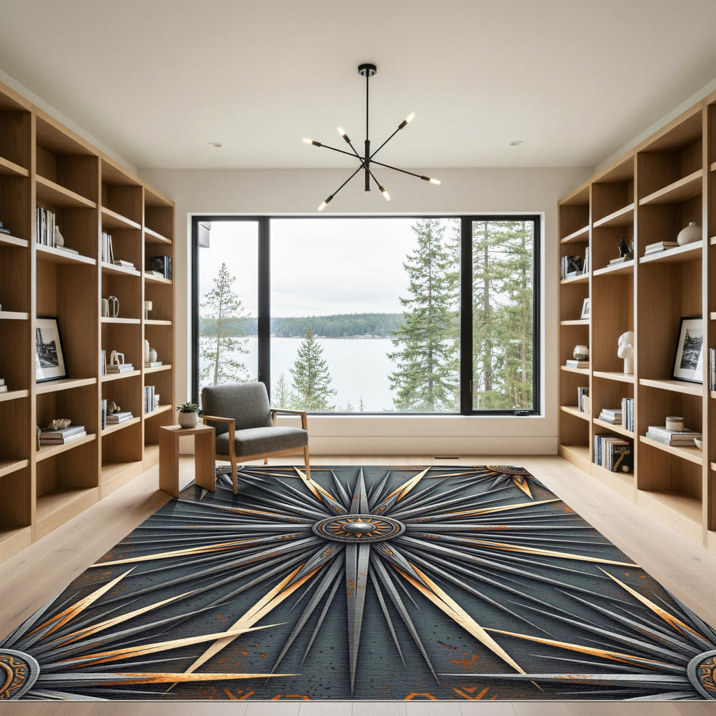 Gray Gold Starburst Rays Rug