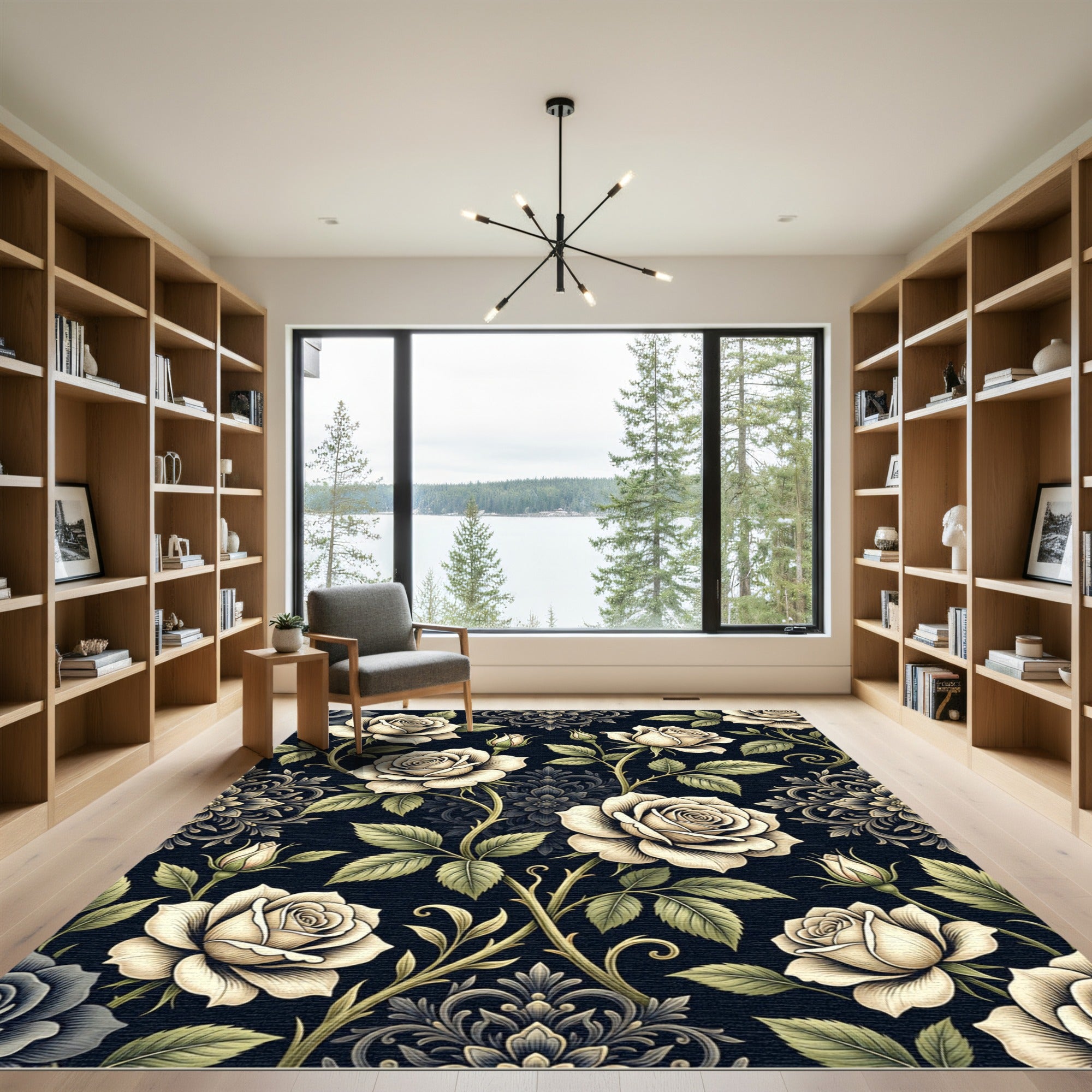 Elegant Cream Rose Botanical Damask Rug