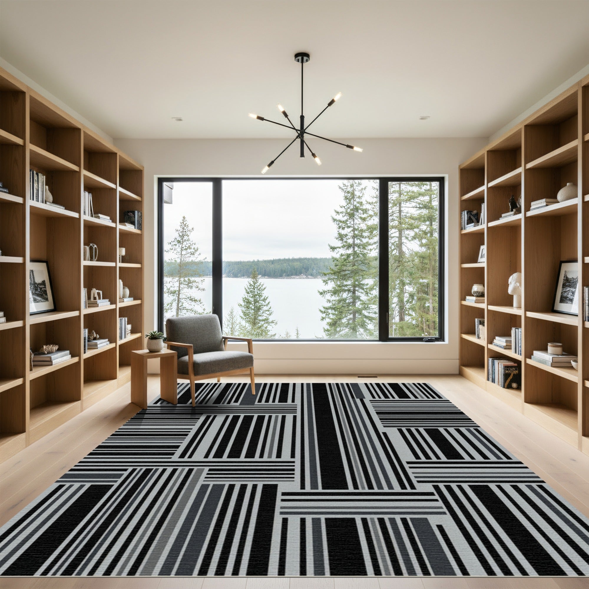 Modern Monochrome Vertical Horizontal Stripe Rug