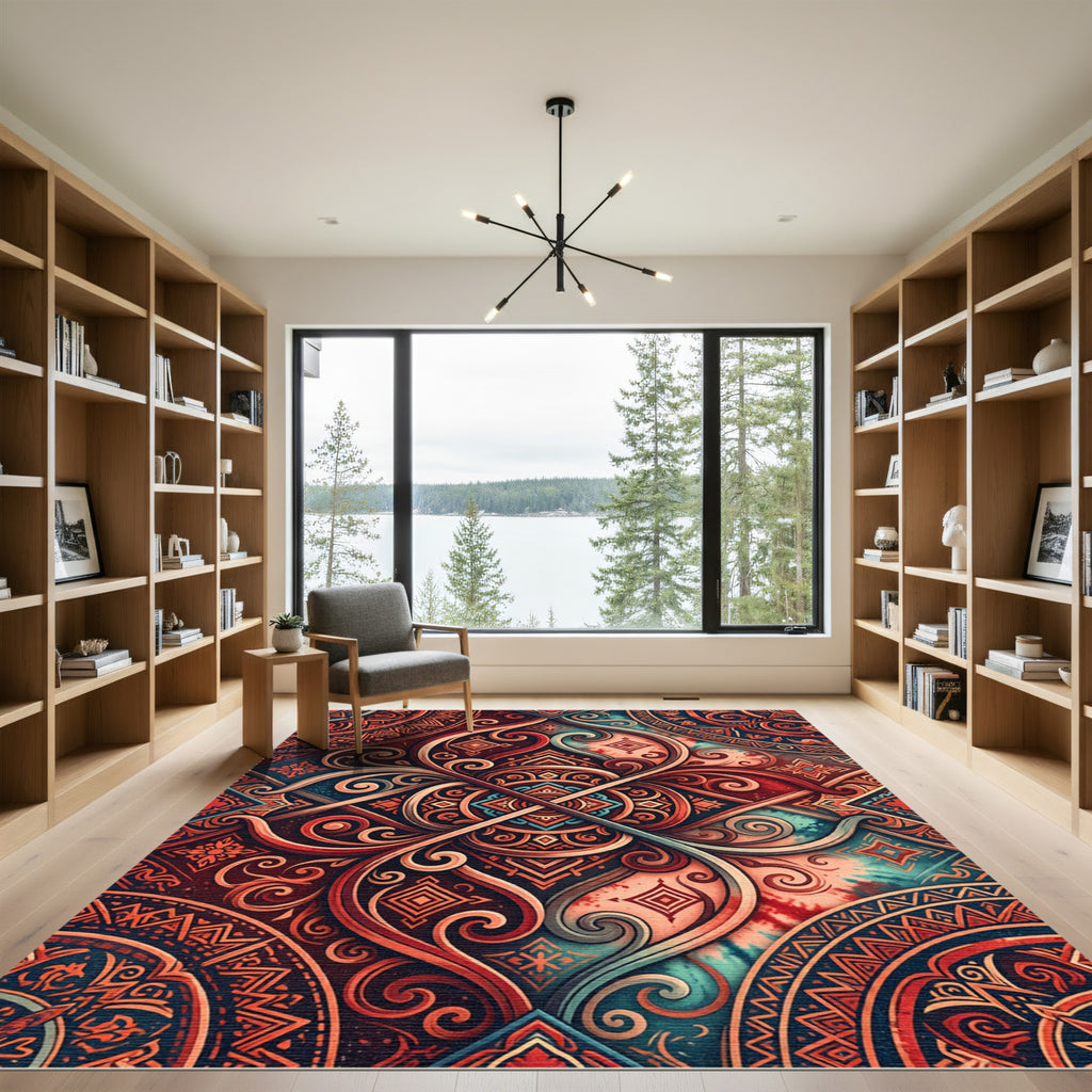 Ornate Fiery Crimson Geometric Swirls Rug