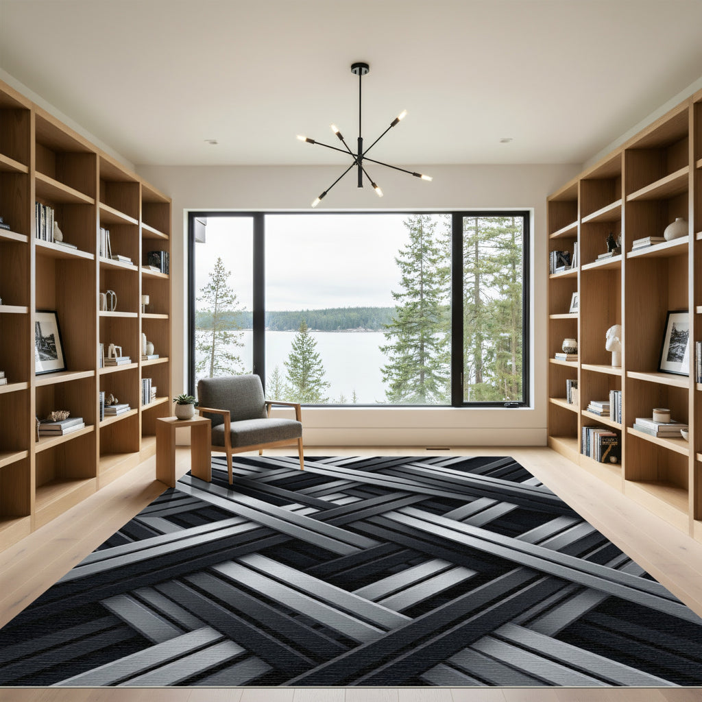 Monochrome Metallic Interlocking Geometric Layers Rug